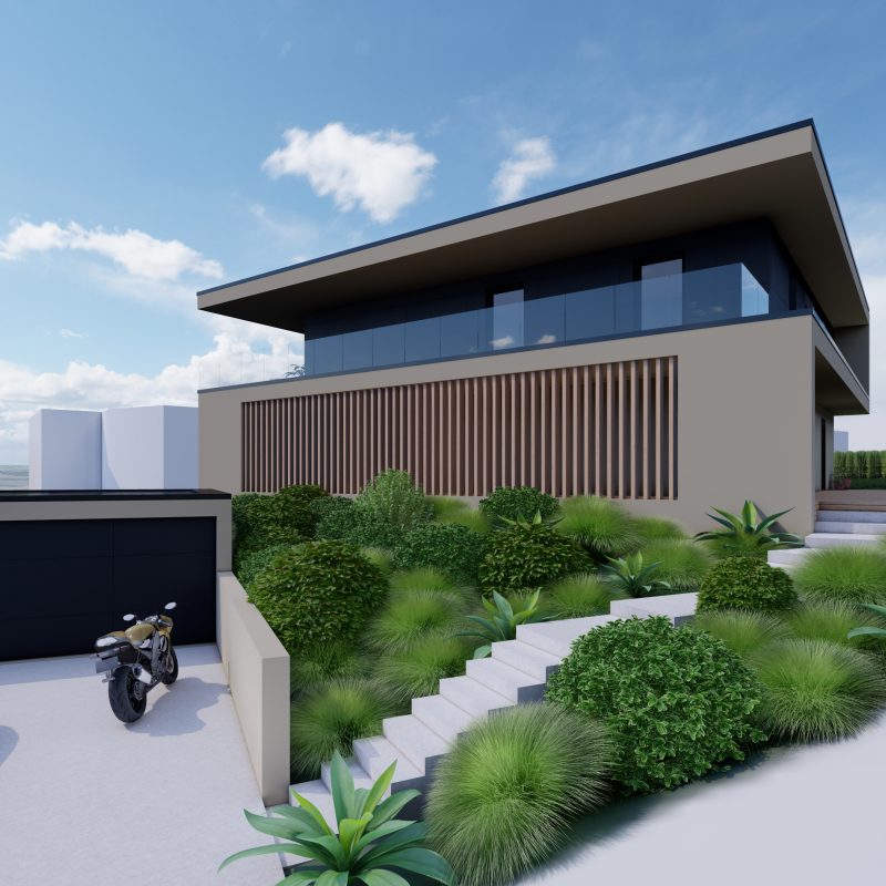 3D-Rendering von #GERBERHAUS12 mit moderner Villa, Garage und gestalteter Hanglage