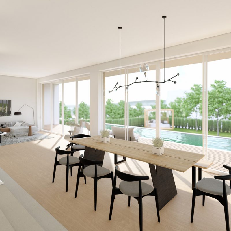 3D-Rendering von #GERBERHAUS12 mit Essbereich, Poolblick und offener Wohnraumgestaltung