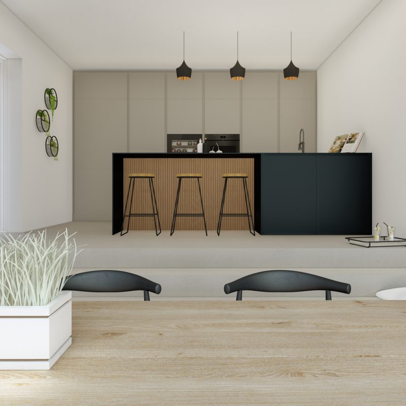 3D-Rendering von #GERBERHAUS12 mit Küche, Kochinsel, Barhockern und offener Raumgestaltung