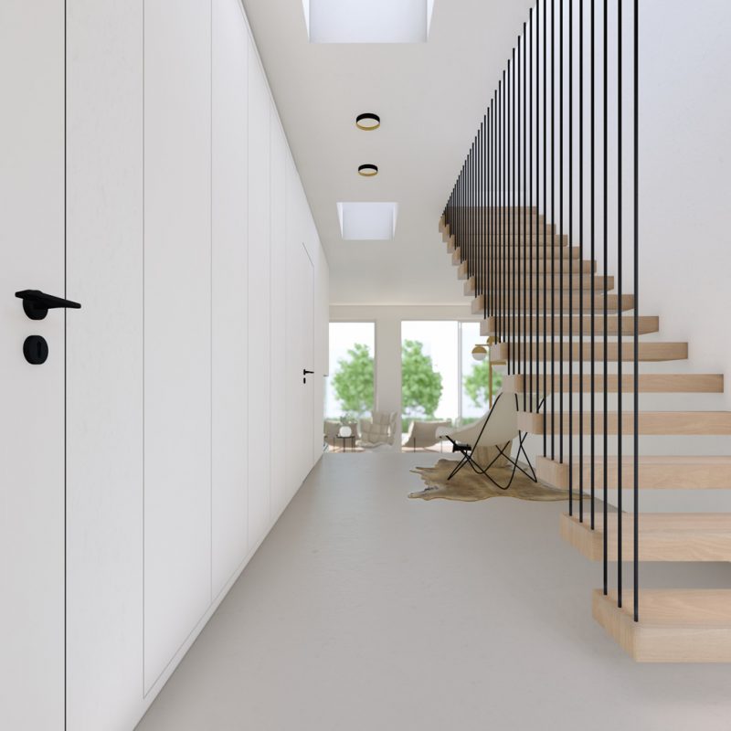 3D-Rendering von #GERBERHAUS12 mit Flur, offener Holztreppe und minimalistischer Innenarchitektur