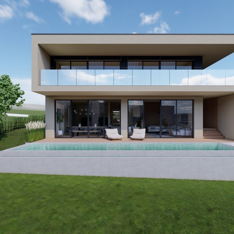 3D-Rendering von #GERBERHAUS12 mit Pool, Balkon und moderner Gartenansicht