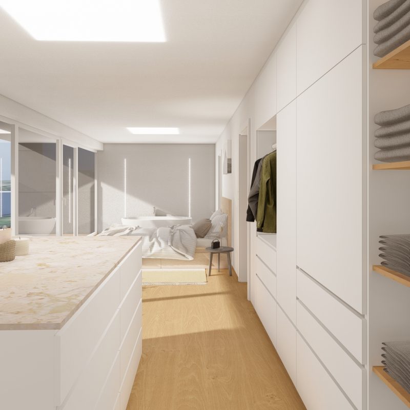 3D-Rendering von #GERBERHAUS12 mit offenem Ankleidebereich, Schlafzimmer und Bad en suite