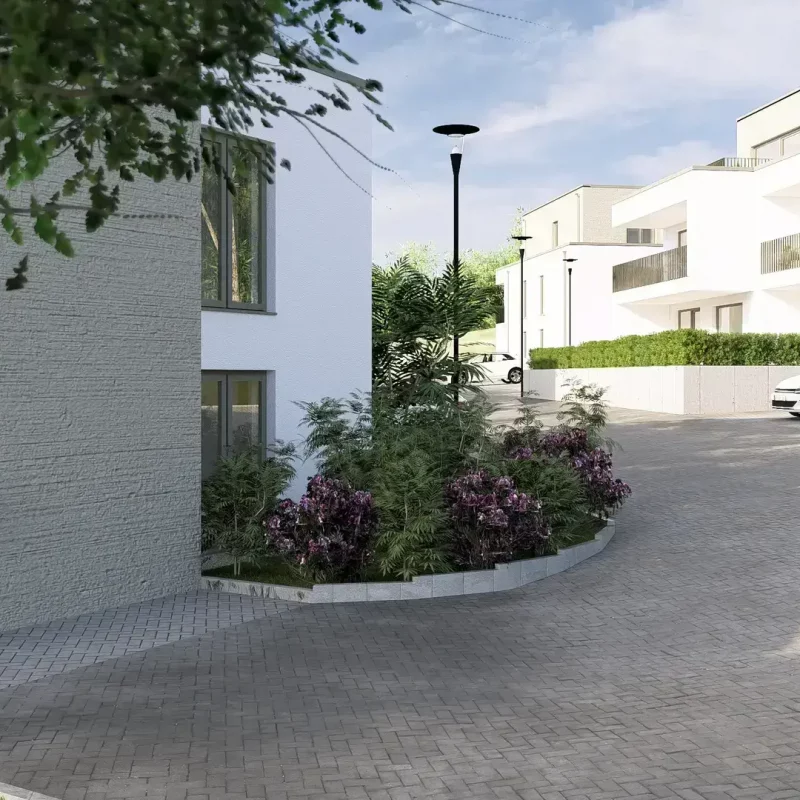 Blick auf Hauseingang und interne Erschließung im Wohnquartier Eicherwald in Erbes-Büdesheim