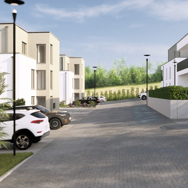 Zentrale Erschließungsachse im Wohnquartier Eicherwald in Erbes-Büdesheim mit Mehrfamilienhäusern und Stellplätzen