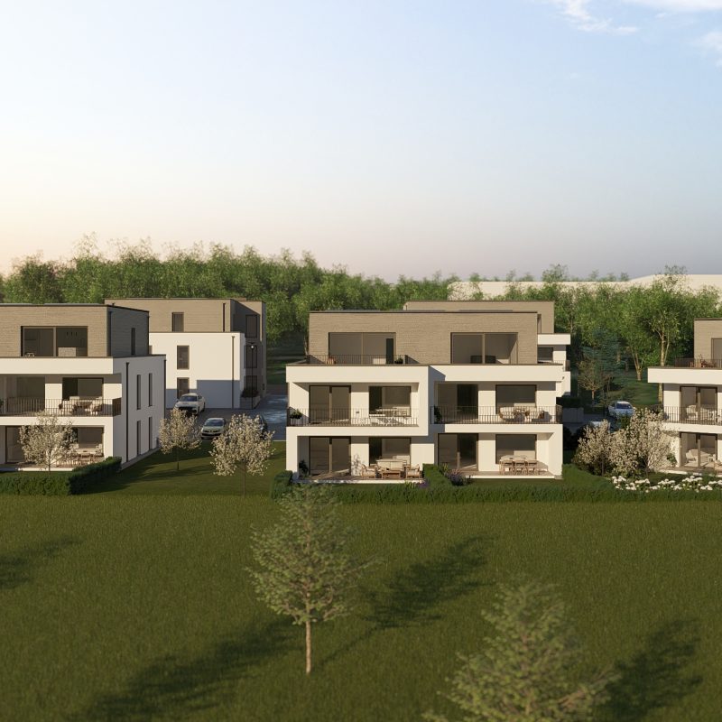 Außenvisualisierung des Wohnquartiers Eicherwald in Erbes-Büdesheim mit modernen Mehrfamilienhäusern im Grünen