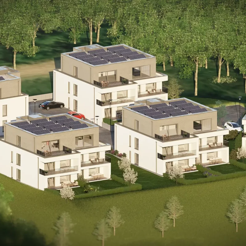 Luftbildvisualisierung des Quartiers Eicherwald in Erbes-Büdesheim mit fünf Mehrfamilienhäusern und Photovoltaikanlagen