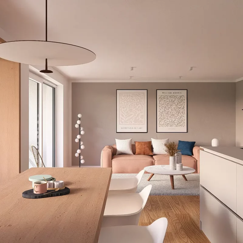 Blick von der Küche in den Wohnbereich mit Essplatz und Balkon in der Wohnung im Quartier Eicherwald Erbes-Büdesheim