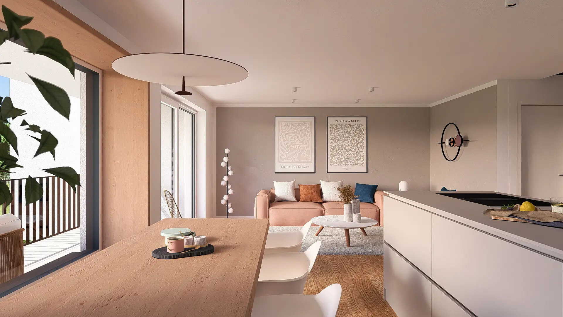 Blick von der Küche in den Wohnbereich mit Essplatz und Balkon in der Wohnung im Quartier Eicherwald Erbes-Büdesheim