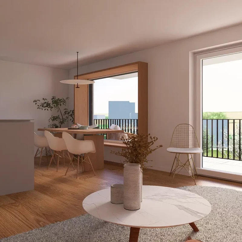 Offener Wohn- und Essbereich mit Küche und Balkon in der Wohnung im Quartier Eicherwald Erbes-Büdesheim
