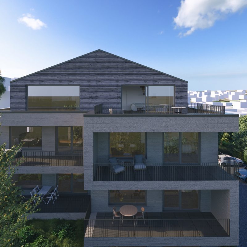 Frontansicht des Mehrfamilienhauses WEITBLICK Zornheim mit Balkonen und Penthouse