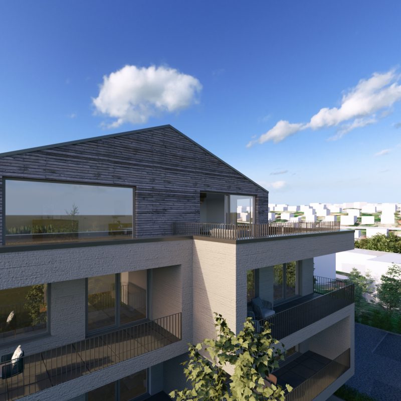 Außenansicht des Dachgeschosses mit Holzfassade und umlaufender Terrasse – WEITBLICK Zornheim