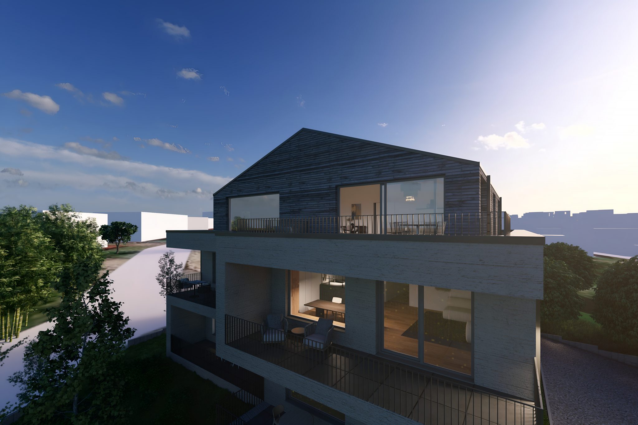 Abendliche Außenansicht des Mehrparteienhauses mit beleuchteten Innenräumen und Terrassenstaffelung – WEITBLICK Zornheim