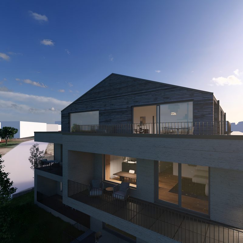 Abendliche Außenansicht des Mehrparteienhauses mit beleuchteten Innenräumen und Terrassenstaffelung – WEITBLICK Zornheim