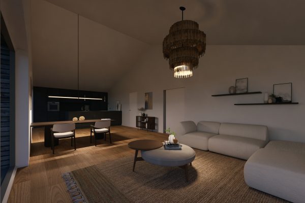 Penthouse-Wohnbereich mit großer Designleuchte, offener Küche und modernem Mobiliar – WEITBLICK Zornheim