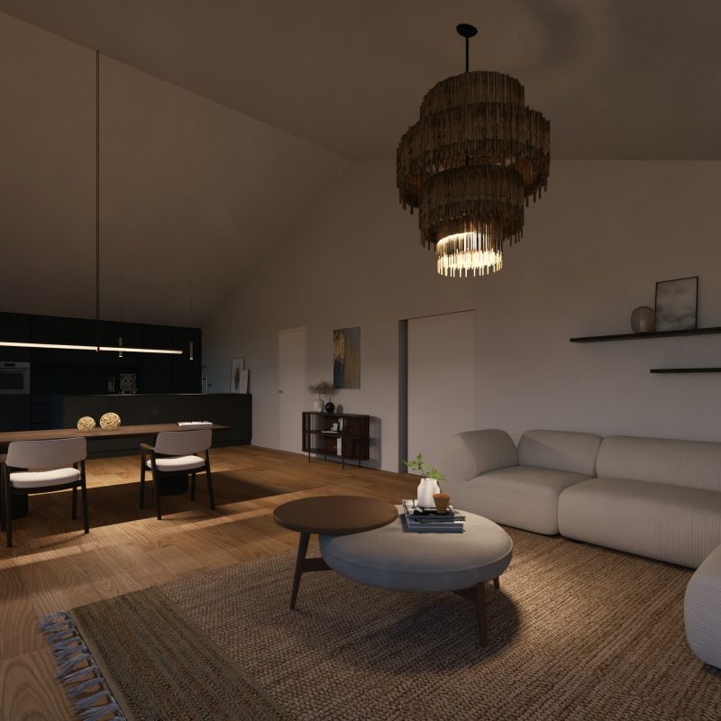 Penthouse-Wohnbereich mit großer Designleuchte, offener Küche und modernem Mobiliar – WEITBLICK Zornheim