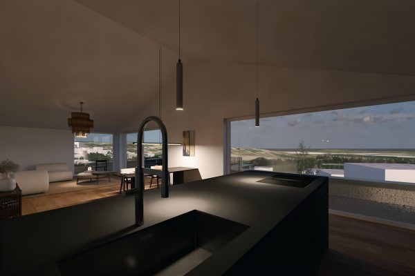 Blick von der Kücheninsel auf Wohnbereich und weite Landschaft – WEITBLICK Zornheim Penthouse