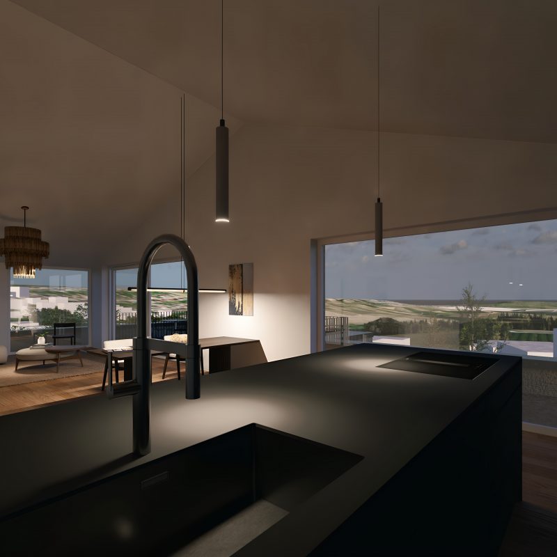 Blick von der Kücheninsel auf Wohnbereich und weite Landschaft – WEITBLICK Zornheim Penthouse
