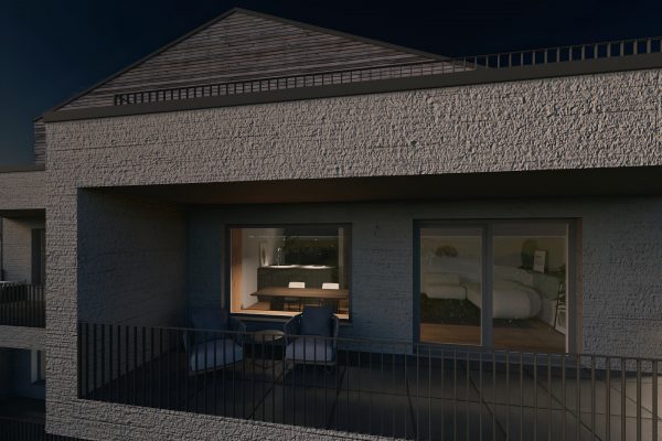Beleuchteter Balkon mit Blick in den Wohn- und Essbereich einer EG-/OG-Wohnung in WEITBLICK Zornheim bei Abendstimmung