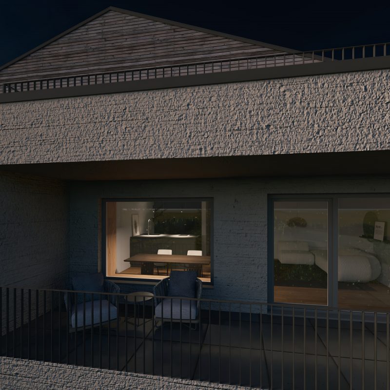 Beleuchteter Balkon mit Blick in den Wohn- und Essbereich einer EG-/OG-Wohnung in WEITBLICK Zornheim bei Abendstimmung