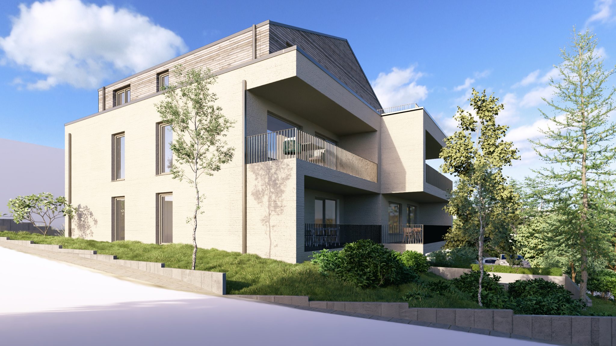 Mehrfamilienhaus in Hanglage mit großen Balkonen, Putz- und Holzfassade und begrünter Außenanlage.