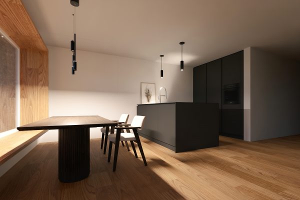 Offener Essbereich mit maßgefertigtem Sitzfenster und moderner schwarzer Küche