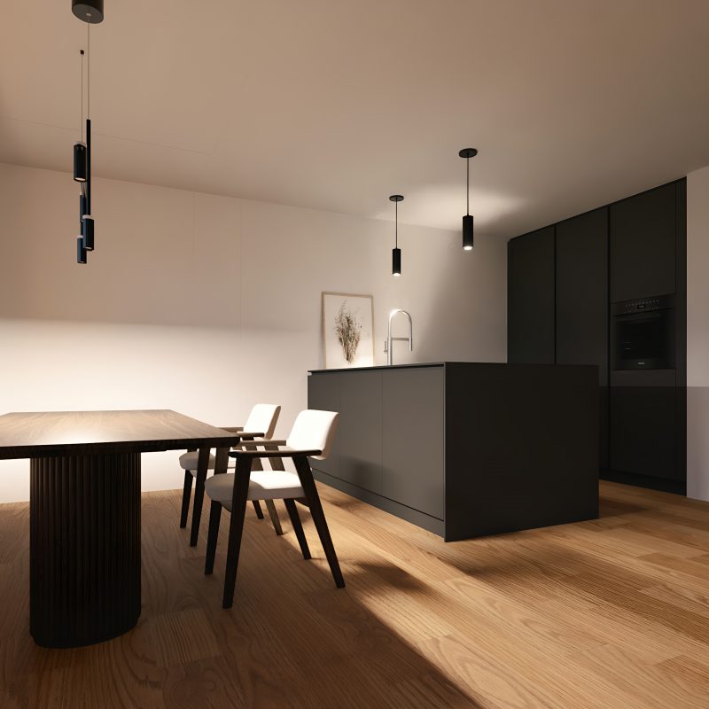Offener Essbereich mit maßgefertigtem Sitzfenster und moderner schwarzer Küche