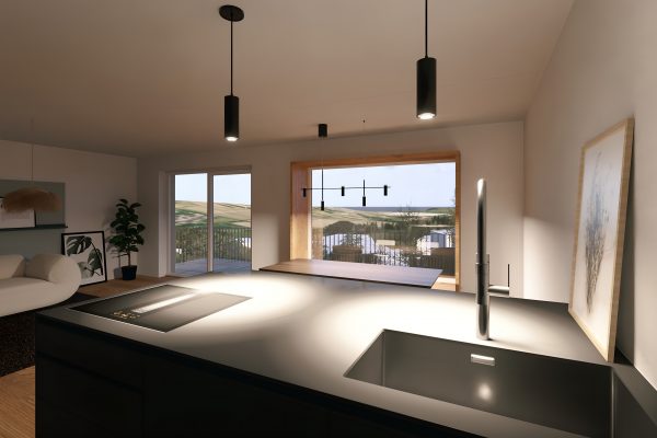 Blick von der Kücheninsel auf Sitzfenster und Landschaftspanorama in einer Wohnung