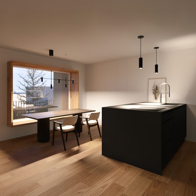 Helles Wohn- und Esszimmer mit Sitzfenster und schwarzer Kücheninsel