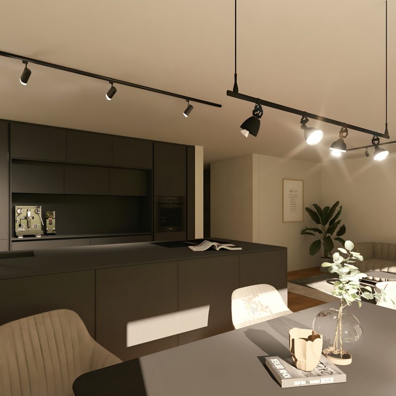 Offener Wohn- und Küchenbereich mit dunkler Einbauküche und Balkonzugang – WEITBLICK Zornheim Typ A