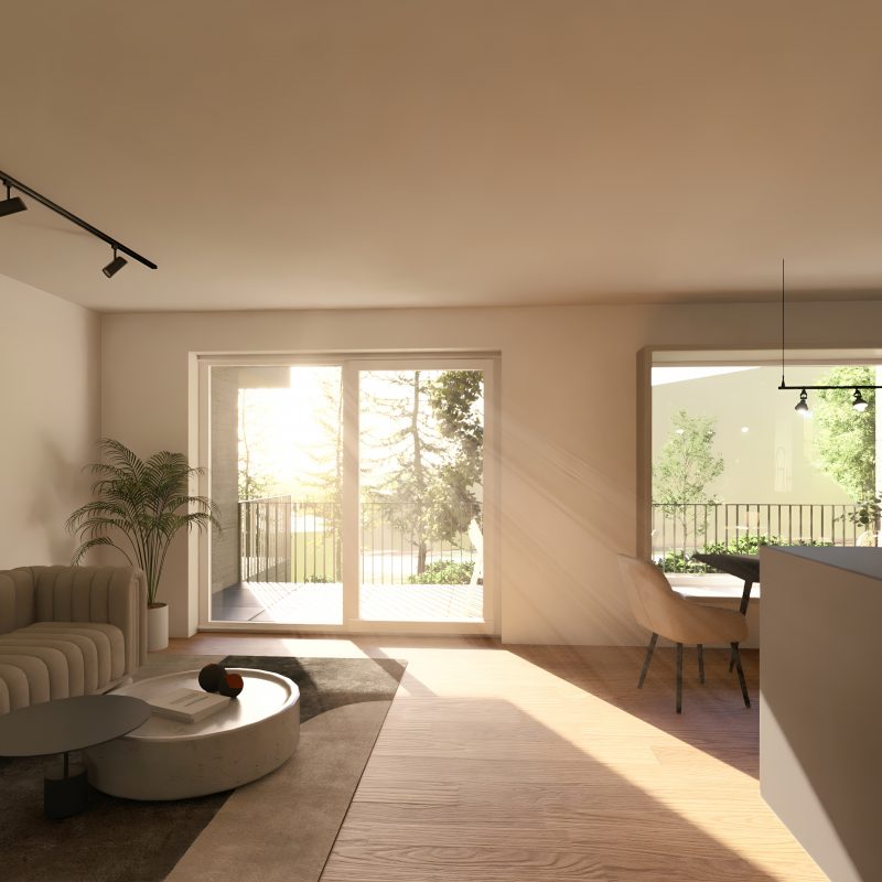 Offener Wohn- und Küchenbereich mit dunkler Einbauküche und Balkonzugang – WEITBLICK Zornheim Typ A