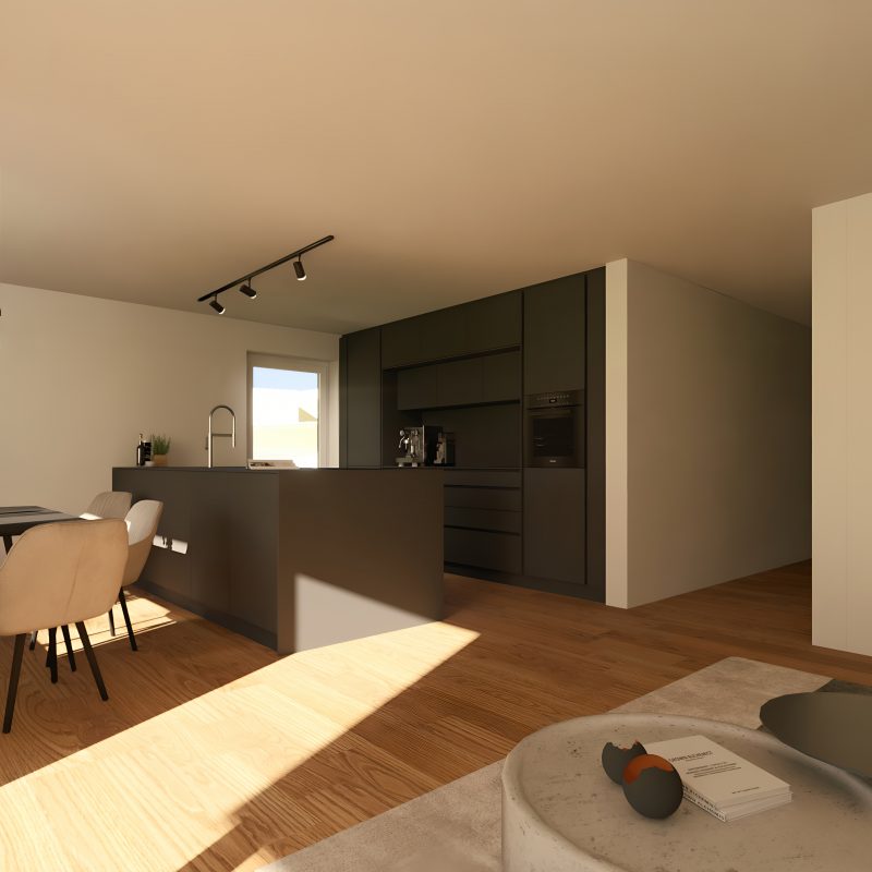 Kompakter Essbereich mit dunkler Küche und heller Sitzgruppe – WEITBLICK Zornheim Typ A