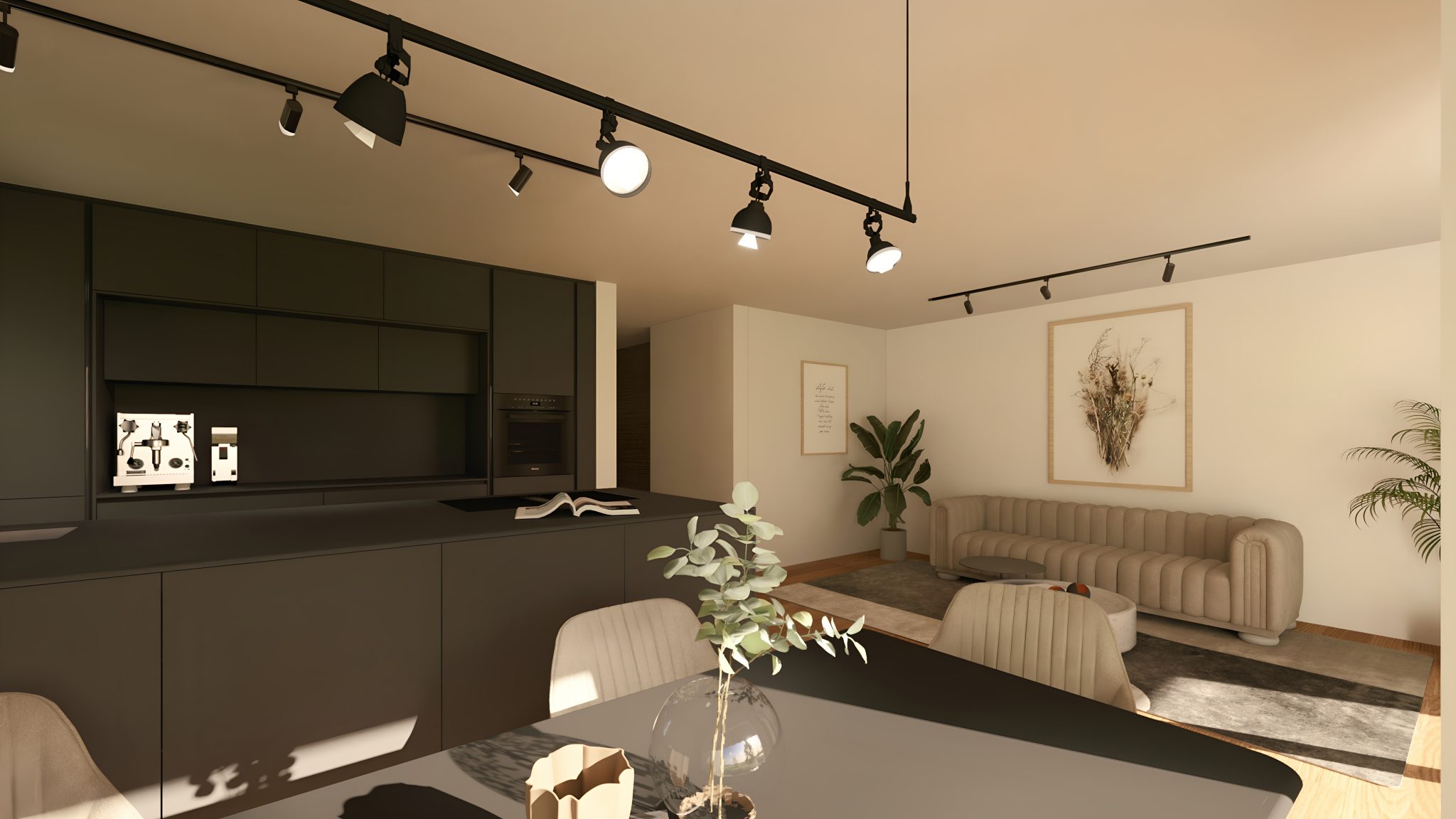 Wohnküche mit dunkler Einbauküche und Lounge-Sofa – WEITBLICK Zornheim Typ A