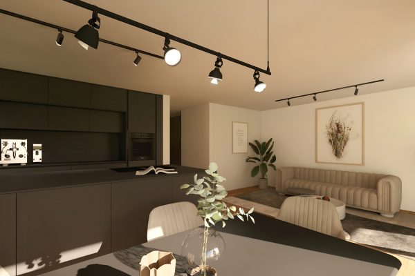 Wohnküche mit dunkler Einbauküche und Lounge-Sofa – WEITBLICK Zornheim Typ A