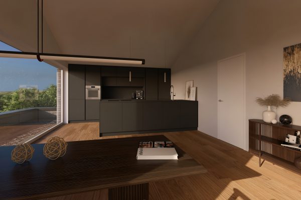 Penthouse-Innenraum mit schwarzer Küche und großflächiger Verglasung – WEITBLICK Zornheim