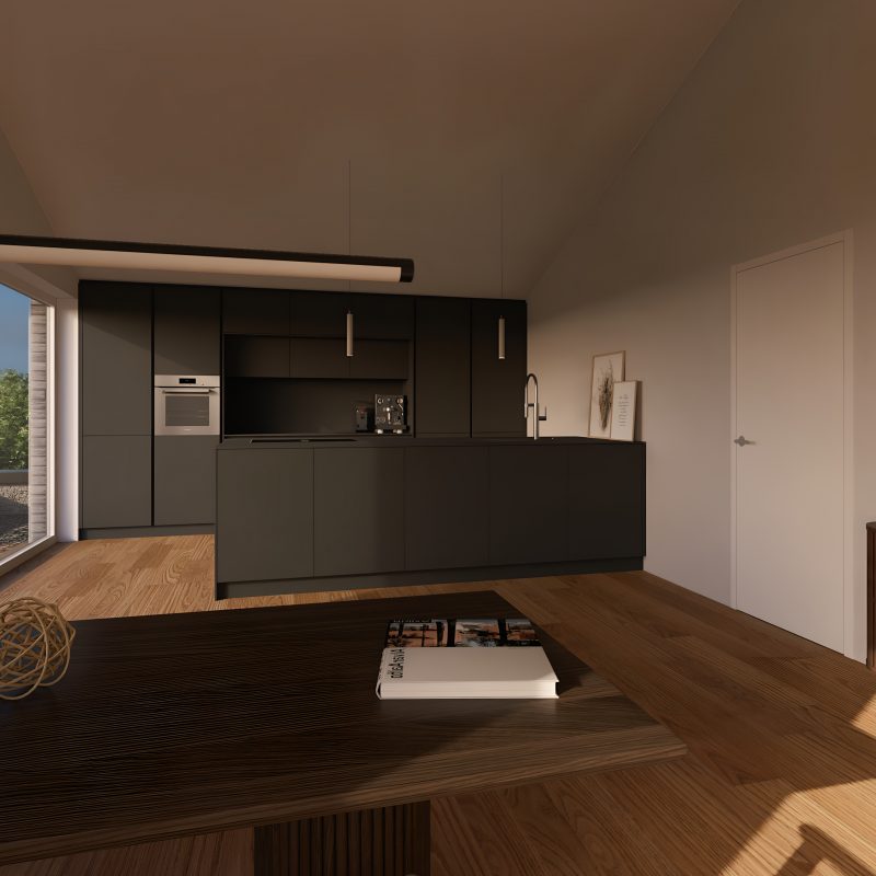 Penthouse-Innenraum mit schwarzer Küche und großflächiger Verglasung – WEITBLICK Zornheim