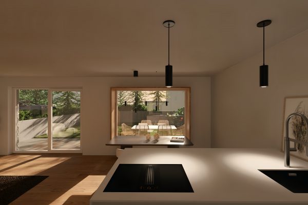 Blick von der Kücheninsel durch das Sitzfenster auf Terrasse und Garten – WEITBLICK Zornheim