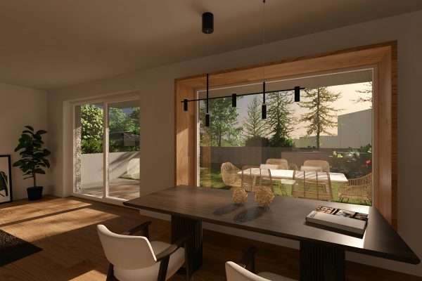 Essbereich mit großem Sitzfenster und Blick auf Terrasse und Garten – WEITBLICK Zornheim