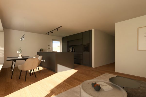 Offener Wohnraum mit dunkler Küche, Essplatz und natürlichem Lichteinfall