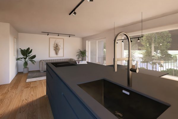 Moderne Kücheninsel mit integrierter Spüle und Blick in den offenen Wohnbereich