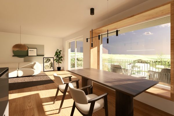 Essbereich der Penthousewohnung mit bodentiefen Fenstern, Balkon und Blick ins Grüne