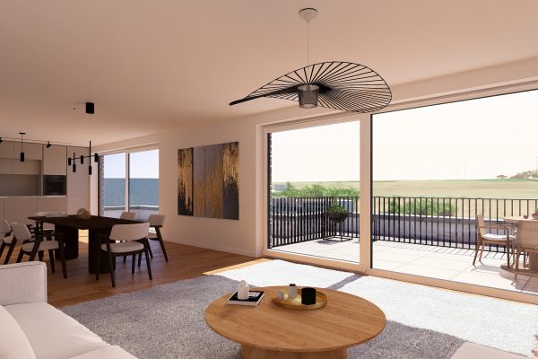 Wohnbereich mit bodentiefen Fenstern und Terrasse in der Penthousewohnung Eicherwald Erbes-Büdesheim