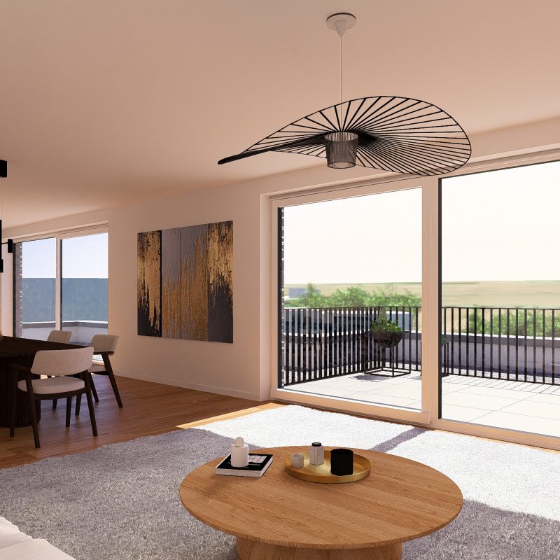 Wohnbereich mit bodentiefen Fenstern und Terrasse in der Penthousewohnung Eicherwald Erbes-Büdesheim