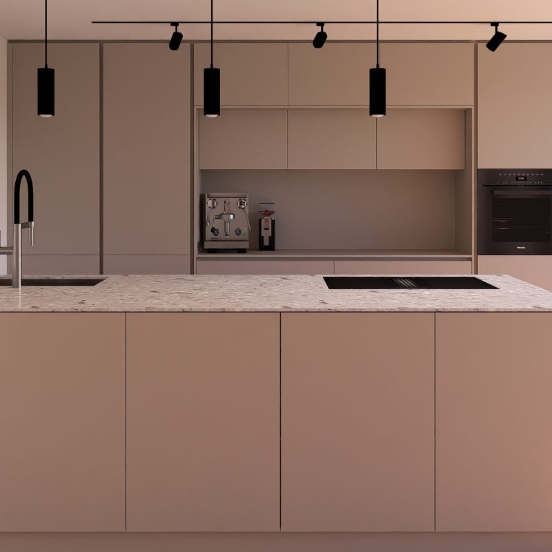 Moderne Kücheninsel mit integrierter Spüle in der Penthousewohnung Eicherwald Erbes-Büdesheim