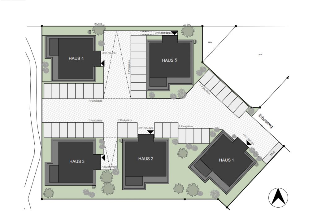 Lageplan des Quartiers Eicherwald in Erbes-Büdesheim mit fünf Wohnhäusern und gemeinsamer Erschließung