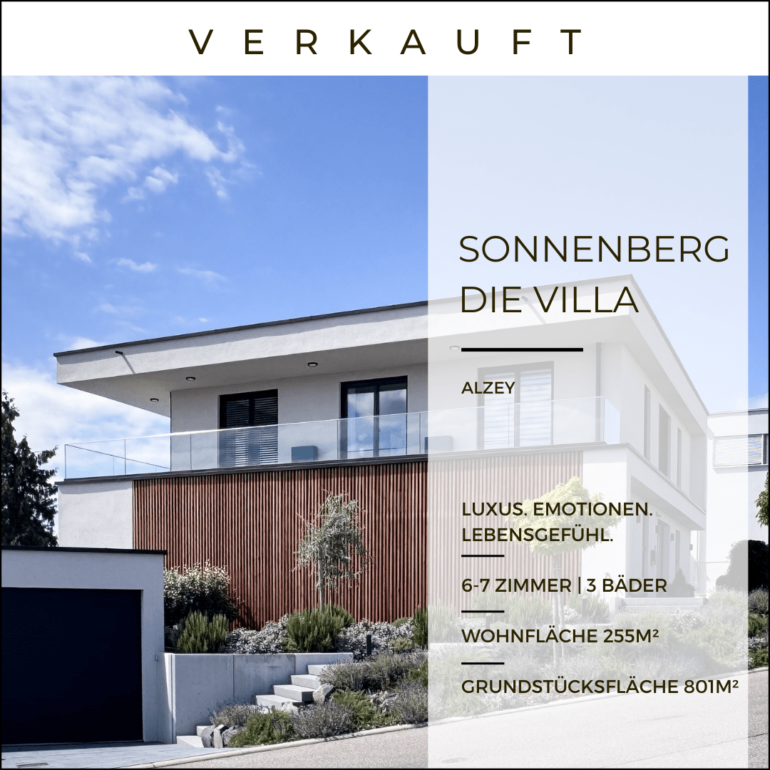 Titelbild eines Immobilienexposés einer modernen Villa in Alzey mit der Aufschrift „Verkauft“ sowie Angaben zu Wohnfläche, Zimmeranzahl und Grundstück.
